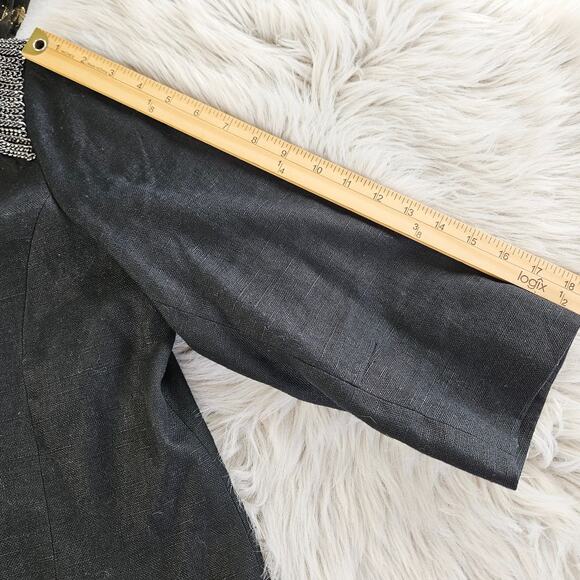 Chicos Black Linen Blend Blazer Sz 2 Large Silver Chain Collar Edgy Chic Office - Picture 10 of 11